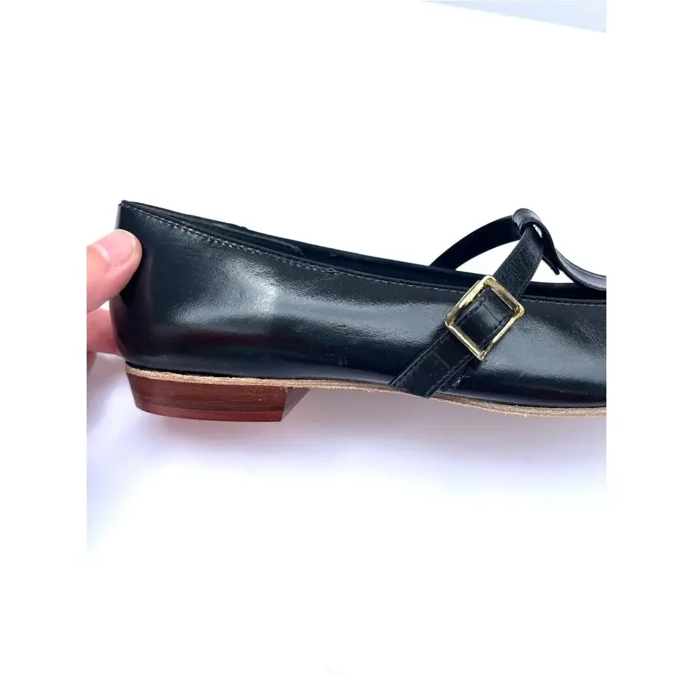 Vintage Black Leather Mary Jane Flats with Gold Buckle Size 8 Barbette's Dance